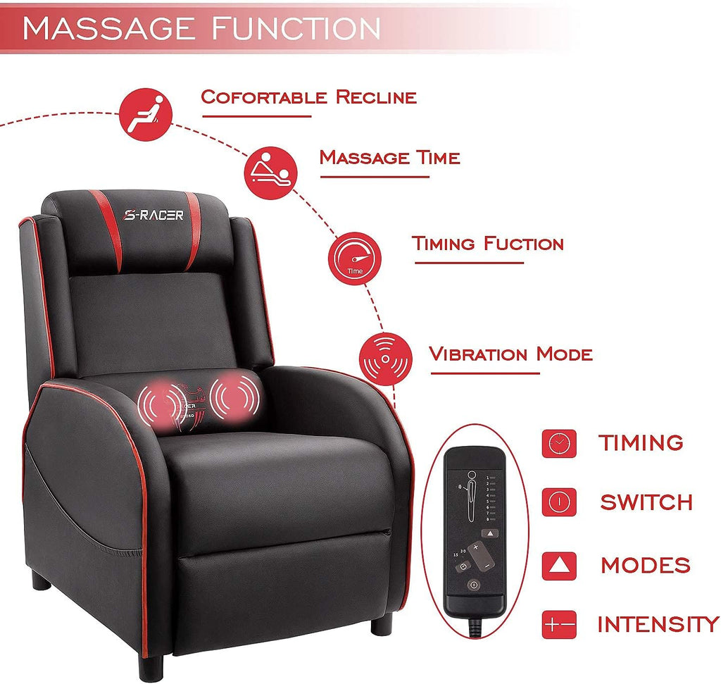 Gaming Massage Recliner Chair Racing Style Single Living Room Sofa Recliner PU Leather Recliner Seat Comfortable Ergonomic Home Theater Seating (Red)