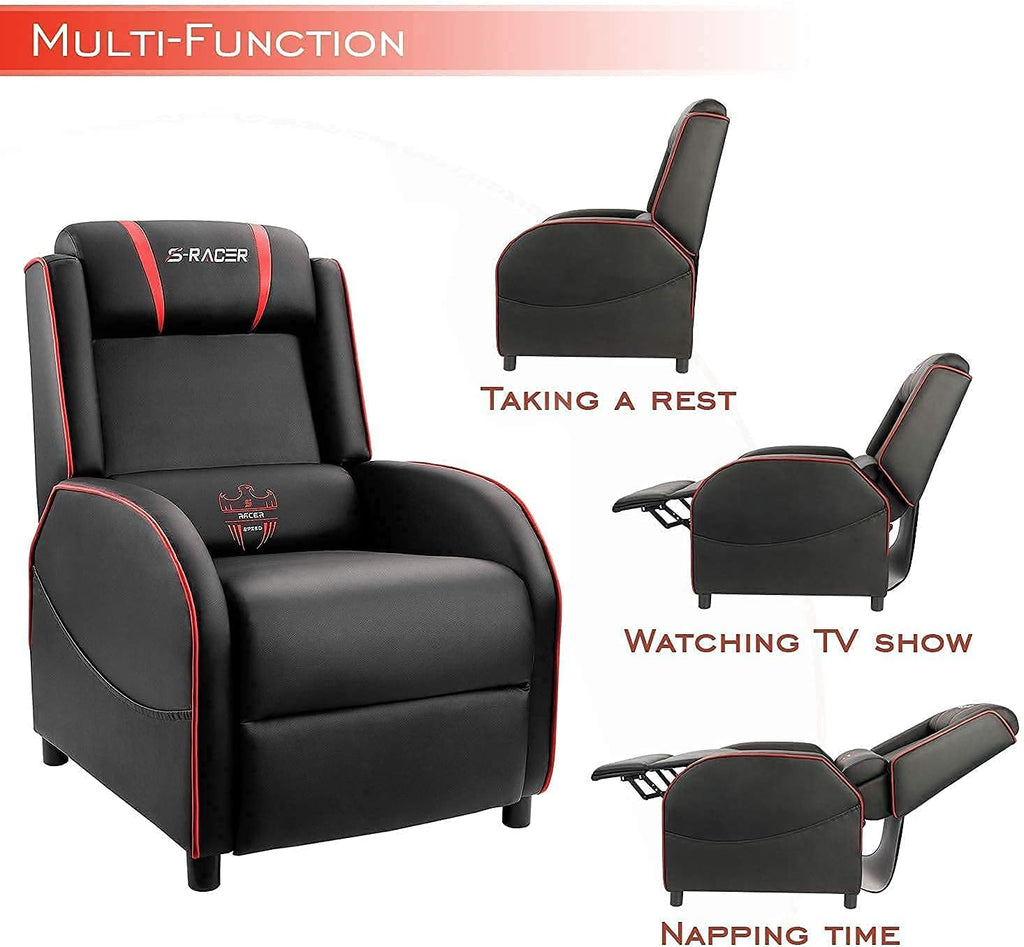 Gaming Massage Recliner Chair Racing Style Single Living Room Sofa Recliner PU Leather Recliner Seat Comfortable Ergonomic Home Theater Seating (Red)