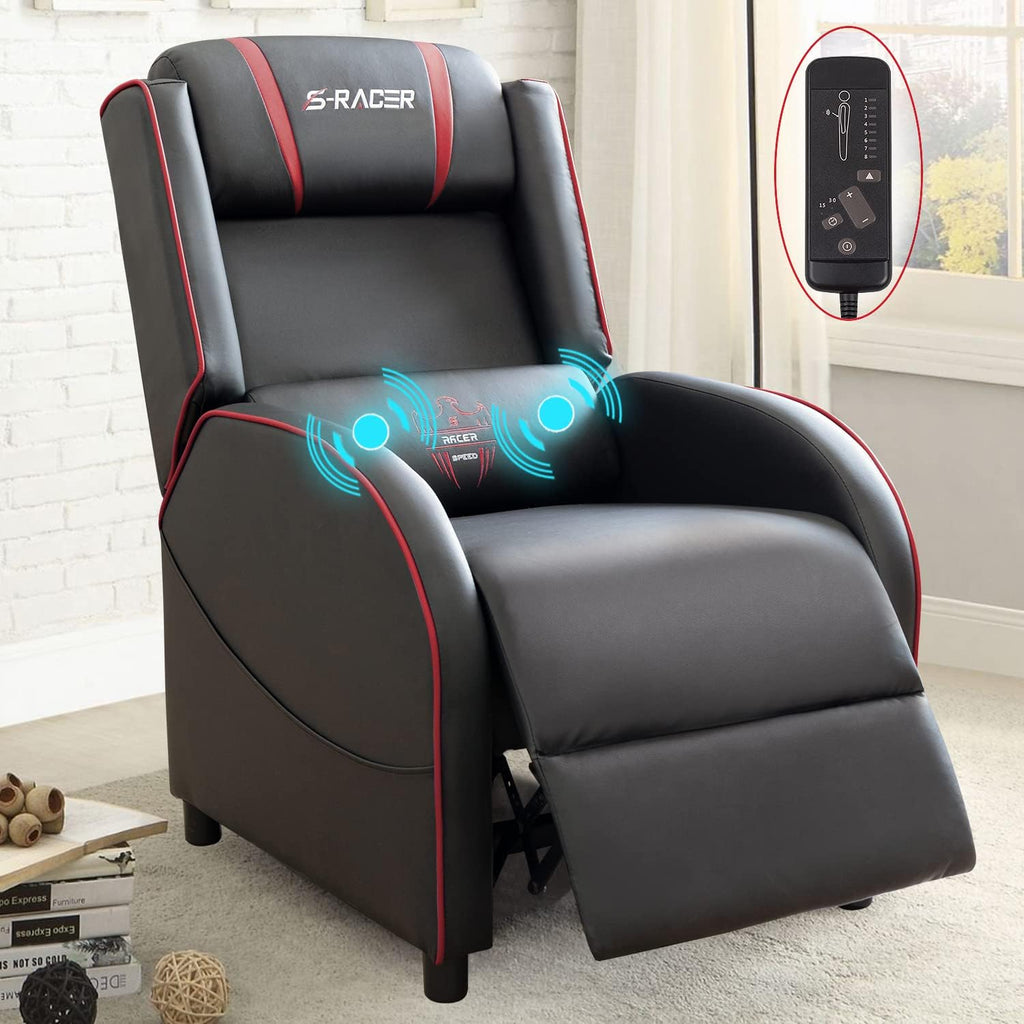 Gaming Massage Recliner Chair Racing Style Single Living Room Sofa Recliner PU Leather Recliner Seat Comfortable Ergonomic Home Theater Seating (Red)